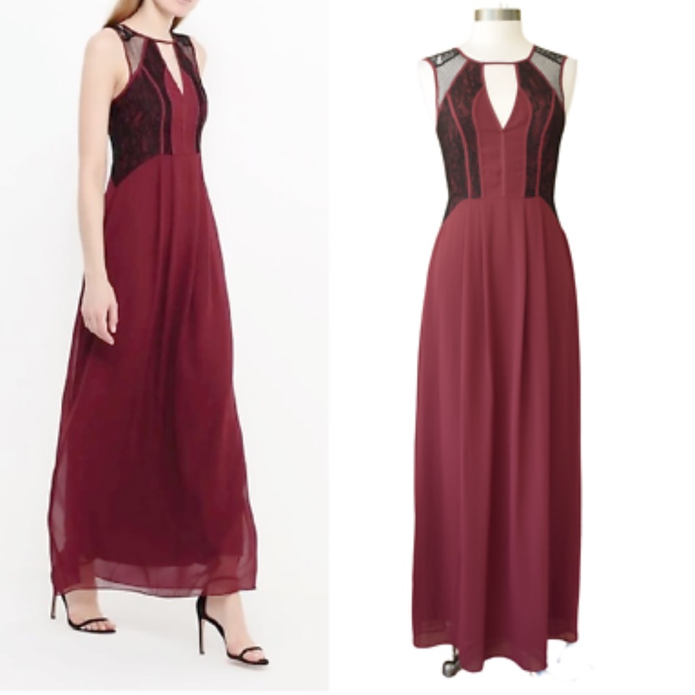 NWT. BCBGENERATION Burgundy Brulee Chiffon Maxi Dress With Black Lace Inset.